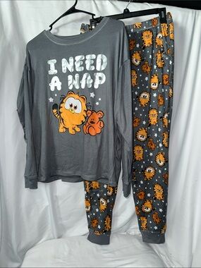 Juniors The Garfield Movie Pajama Set with Orange Cartoon Cat "I Need A Nap”